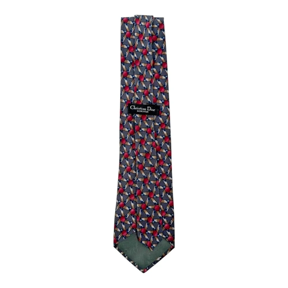 Christian Dior Monsieur Men's Neck Tie One Size Gray Geometric Print 100% Silk